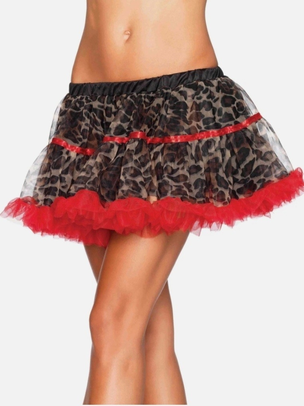 Leg Avenue Leopard Print Tulle Petticoat Tutu Red Ribbon Trim Cosplay Rave OS